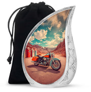 Deep Teal Bike Cremation Urn front view showing detailed design - smooth teardrop contour featuring bike art - full-size 10 inch 200 cubic inch adult cremation urn