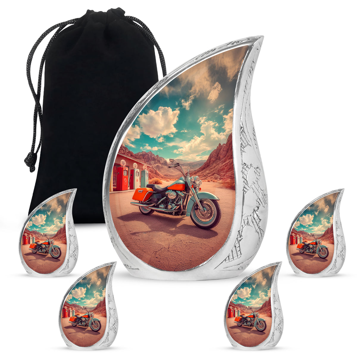 Mystic Teal Bike Cremation Urn side profile showing urn shape - graceful tear-shaped urn with bike motif - memorial set with one large and four small urns