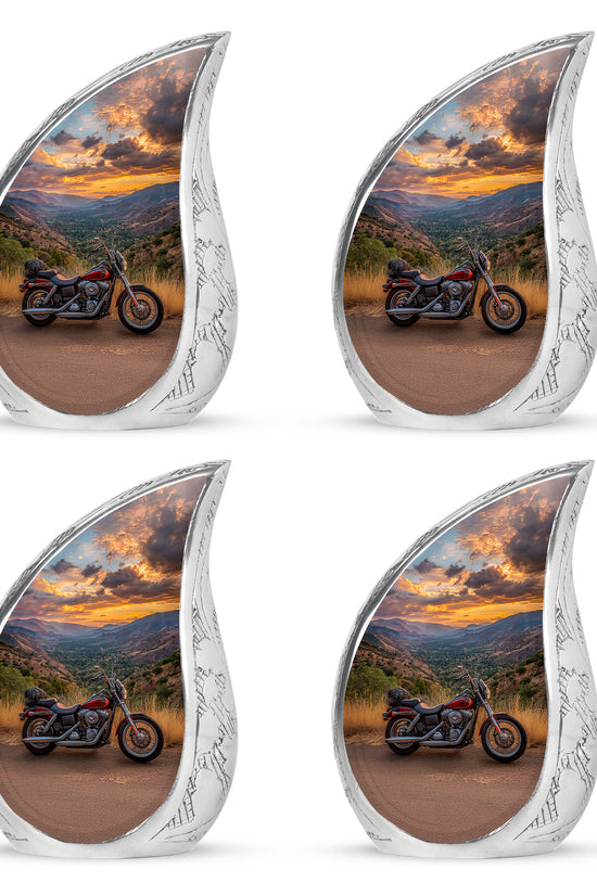 Navy Blue Bike Cremation Urn close-up of engraving and surface detail - rounded teardrop bike design with delicate detail - 10 inch aluminum urn for cremated remains