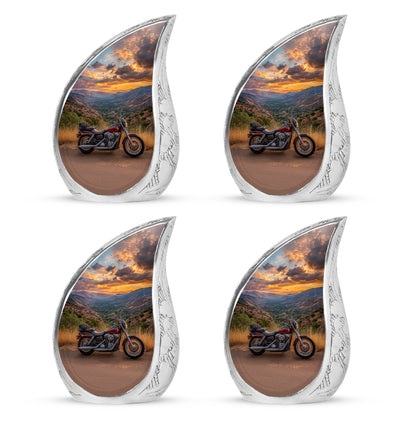 Navy Blue Bike Cremation Urn close-up of engraving and surface detail - rounded teardrop bike design with delicate detail - 10 inch aluminum urn for cremated remains