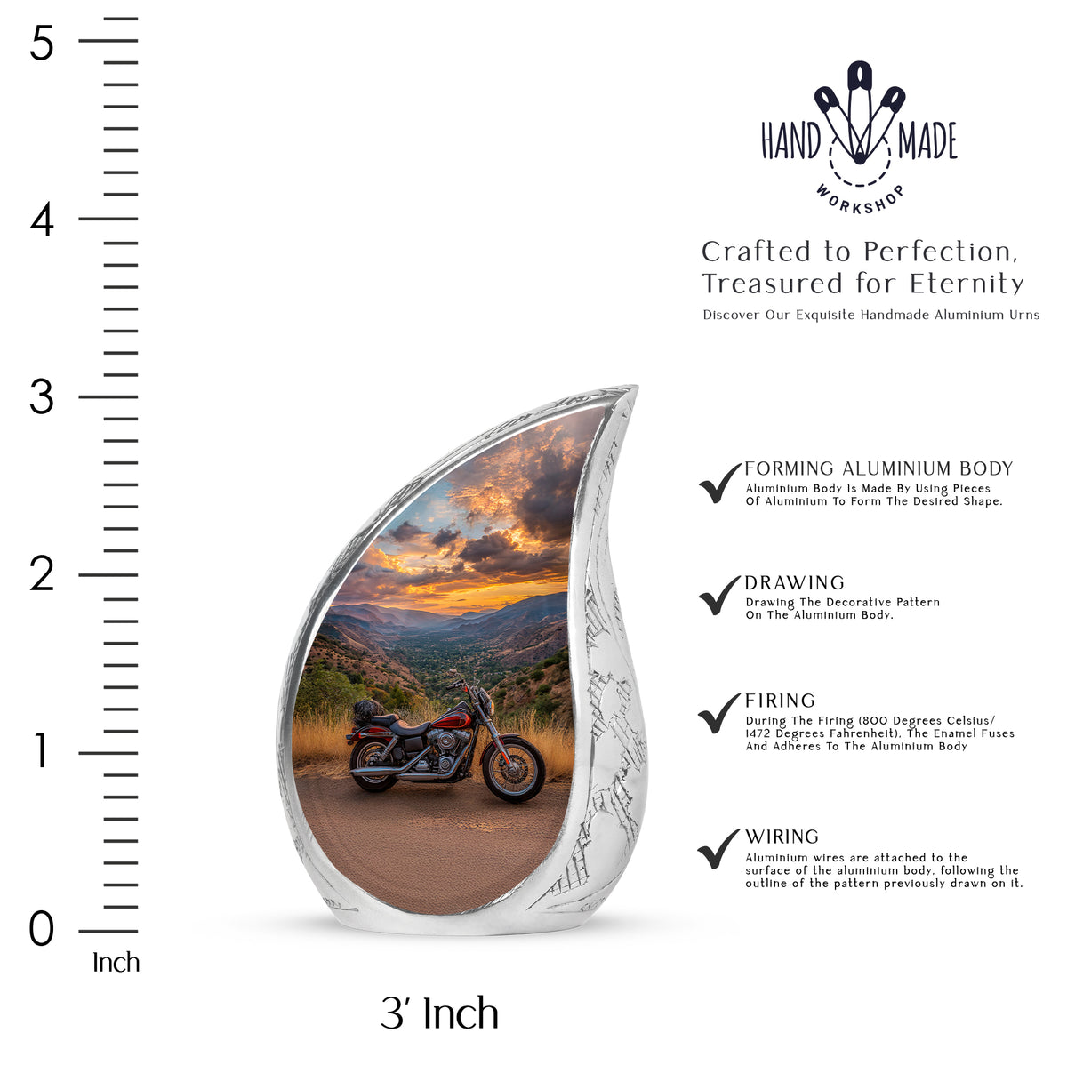 Cobalt Blue Bike Cremation Urn angled view of lid and engraved motif - graceful tear-shaped urn with bike motif - mini keepsake memorial for portion of cremation ashes