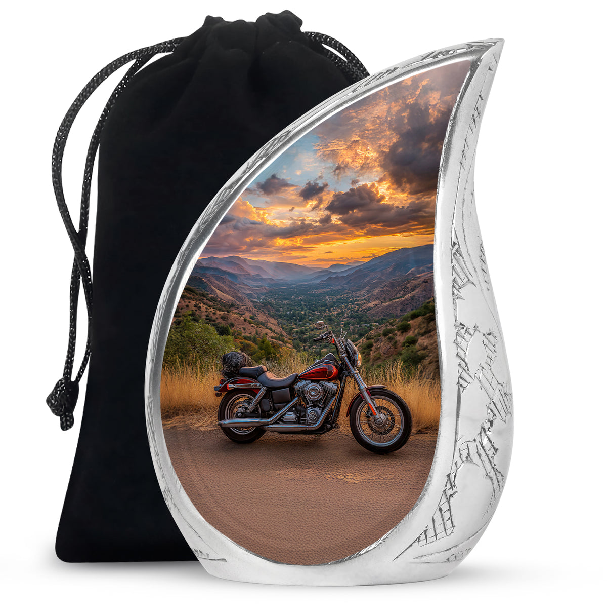 Navy Blue Bike Cremation Urn front view showing detailed design - flowing teardrop bike silhouette on curved aluminum - full-size 10 inch 200 cubic inch adult cremation urn