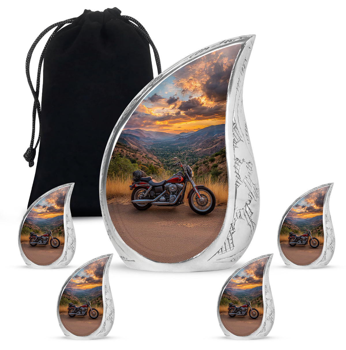 Cornflower Blue Bike Cremation Urn side profile showing urn shape - graceful tear-shaped urn with bike motif - memorial set with one large and four small urns