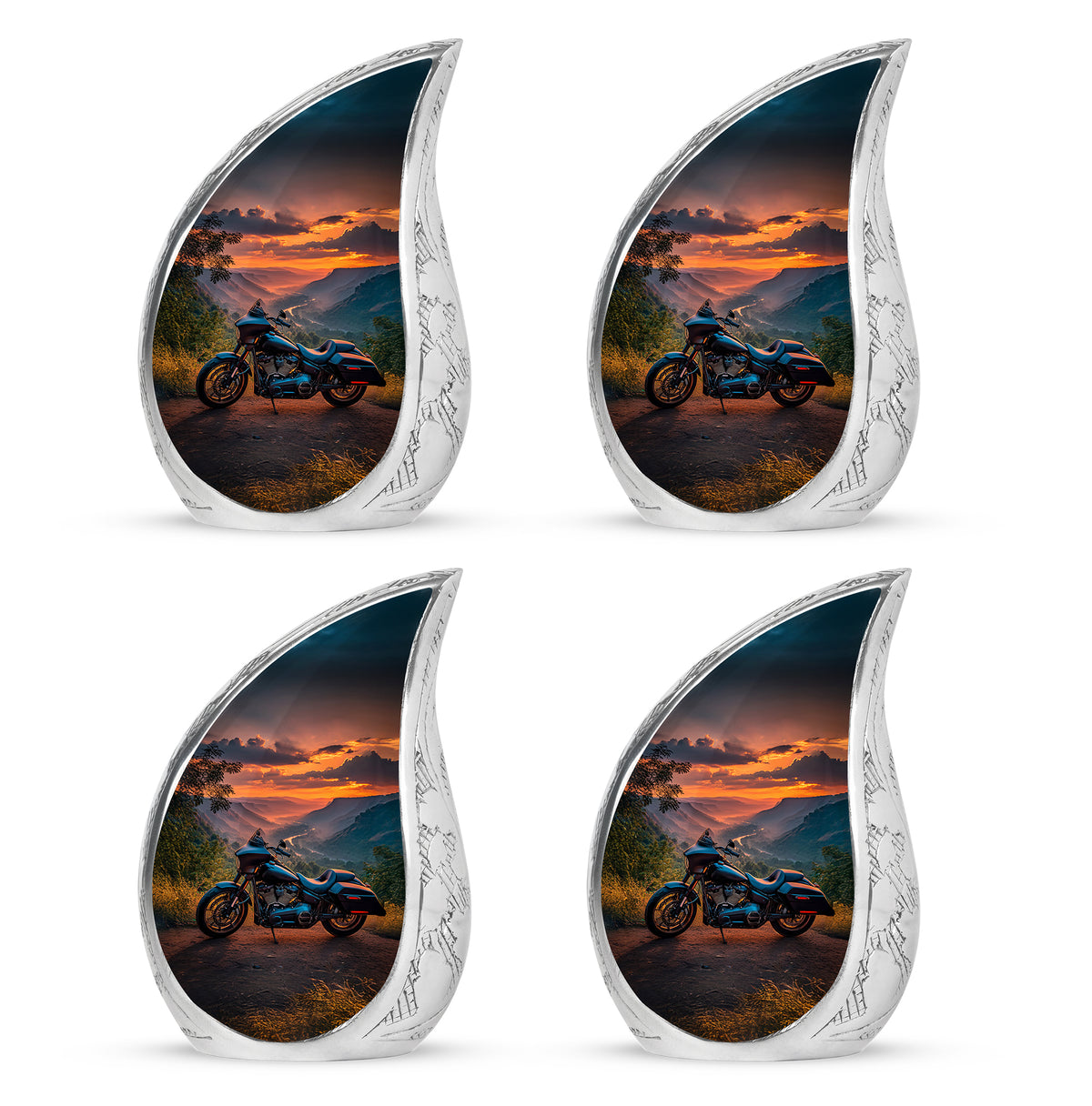 Misty Blue Bike Cremation Urn close-up of engraving and surface detail - flowing teardrop bike silhouette on curved aluminum - 10 inch aluminum urn for cremated remains