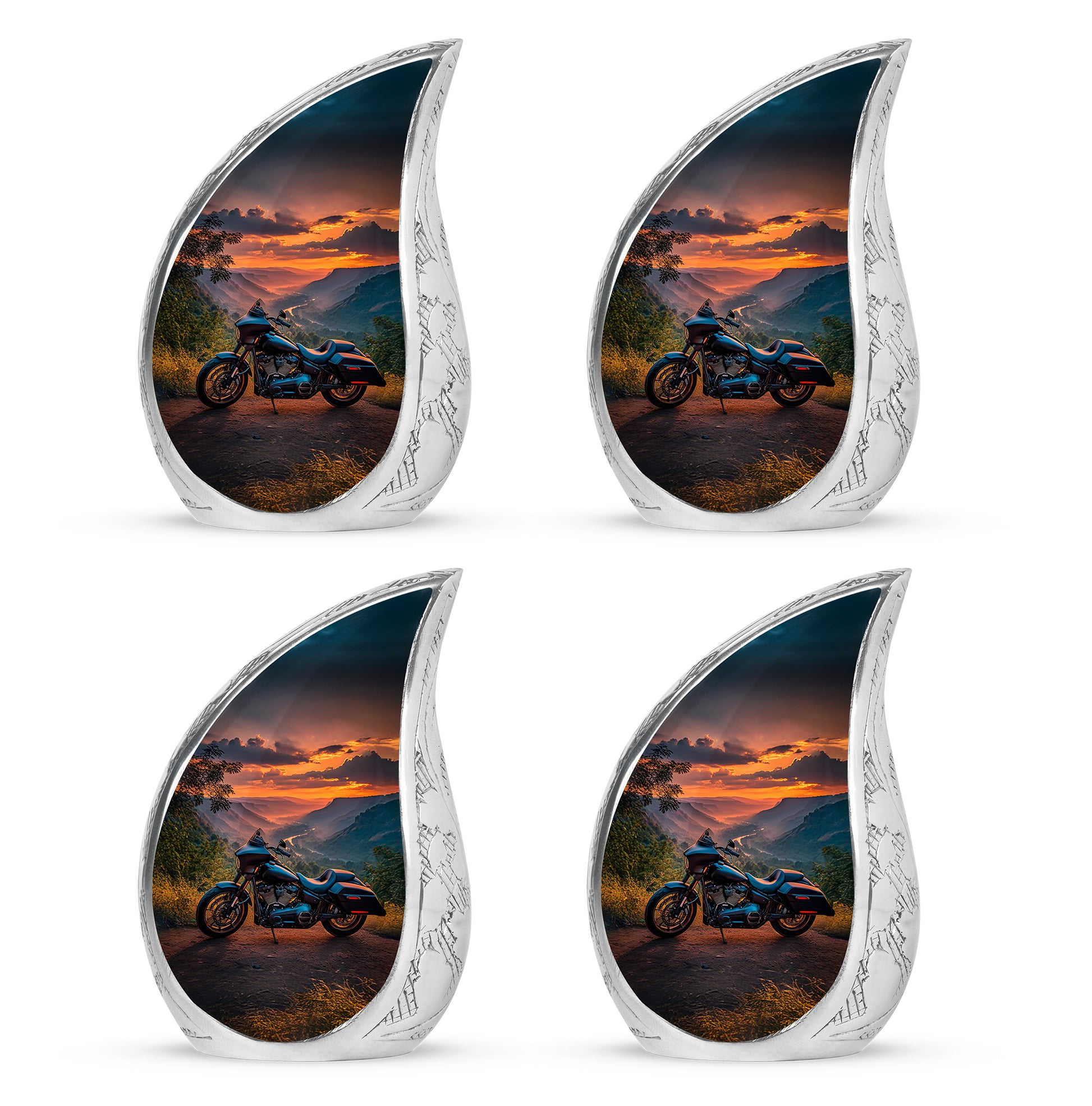 Misty Blue Bike Cremation Urn close-up of engraving and surface detail - flowing teardrop bike silhouette on curved aluminum - 10 inch aluminum urn for cremated remains