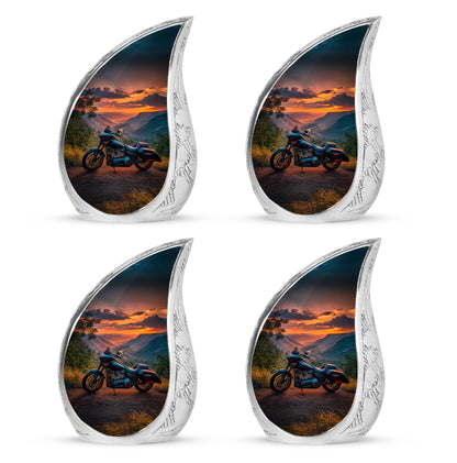 Misty Blue Bike Cremation Urn close-up of engraving and surface detail - flowing teardrop bike silhouette on curved aluminum - 10 inch aluminum urn for cremated remains