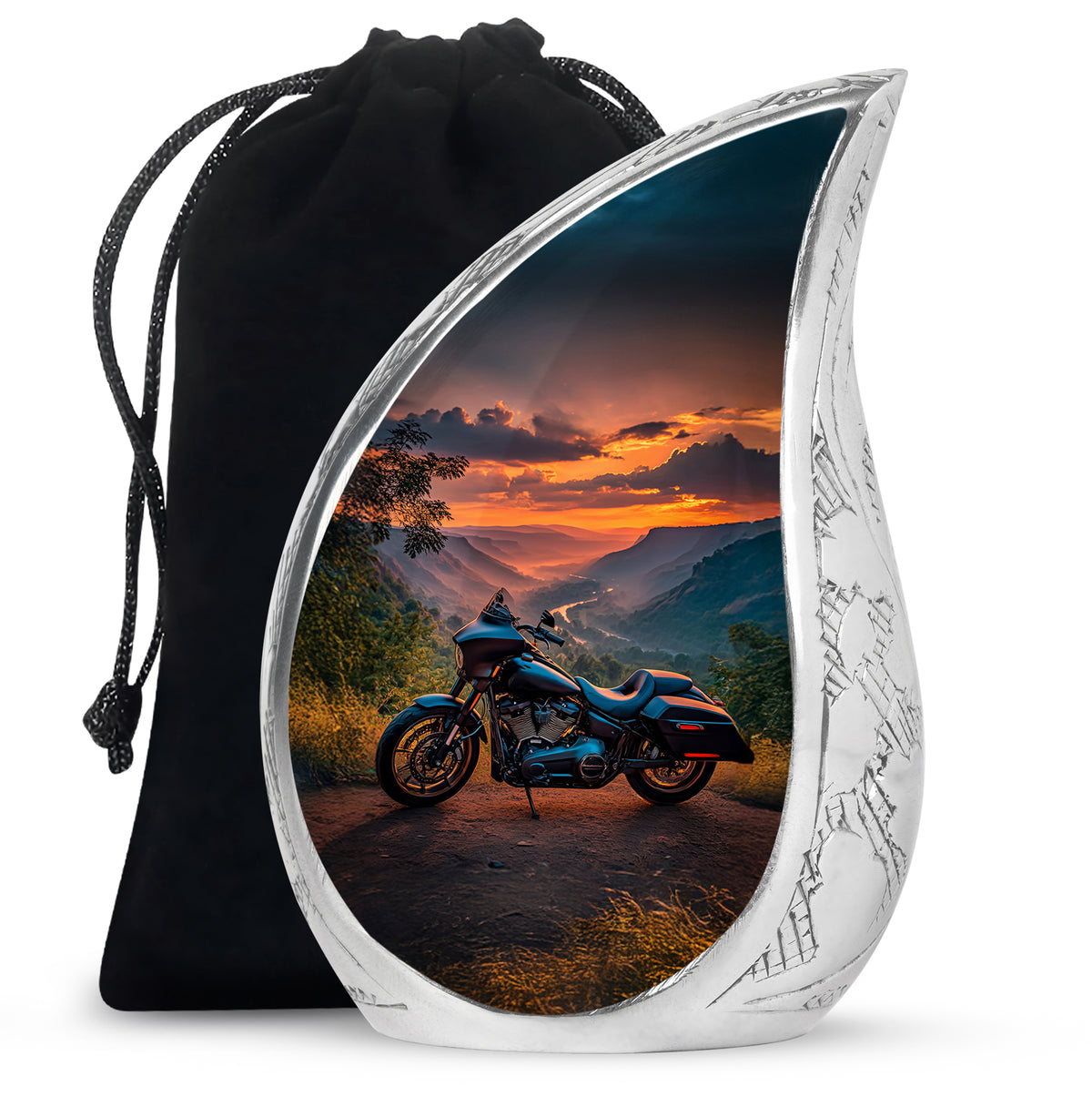 Azure Bike Cremation Urn front view showing detailed design - flowing teardrop bike silhouette on curved aluminum - full-size 10 inch 200 cubic inch adult cremation urn