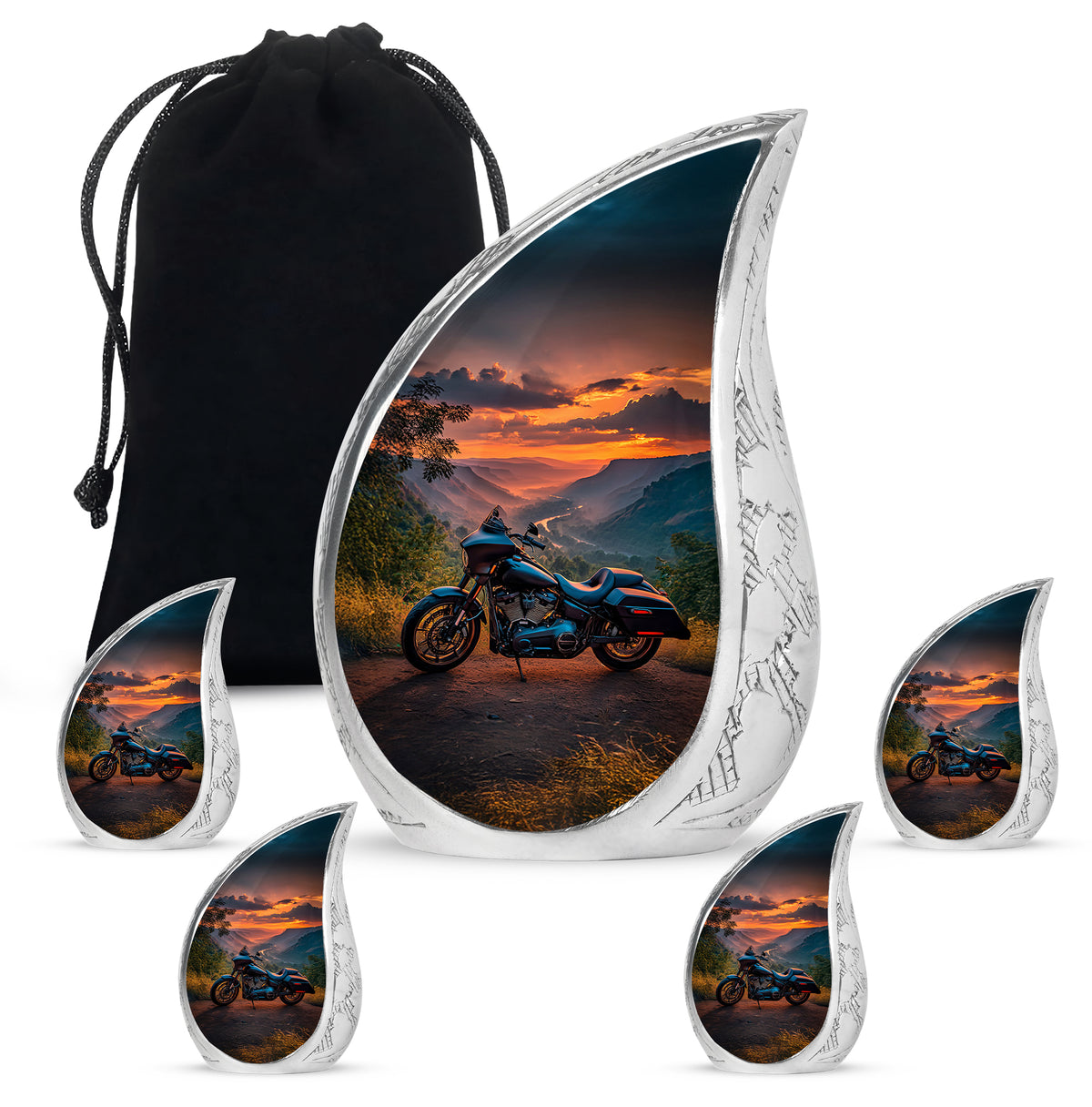 Sky Blue Bike Cremation Urn side profile showing urn shape - flowing teardrop bike silhouette on curved aluminum - memorial set with one large and four small urns