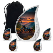 Sky Blue Bike Cremation Urn side profile showing urn shape - flowing teardrop bike silhouette on curved aluminum - memorial set with one large and four small urns