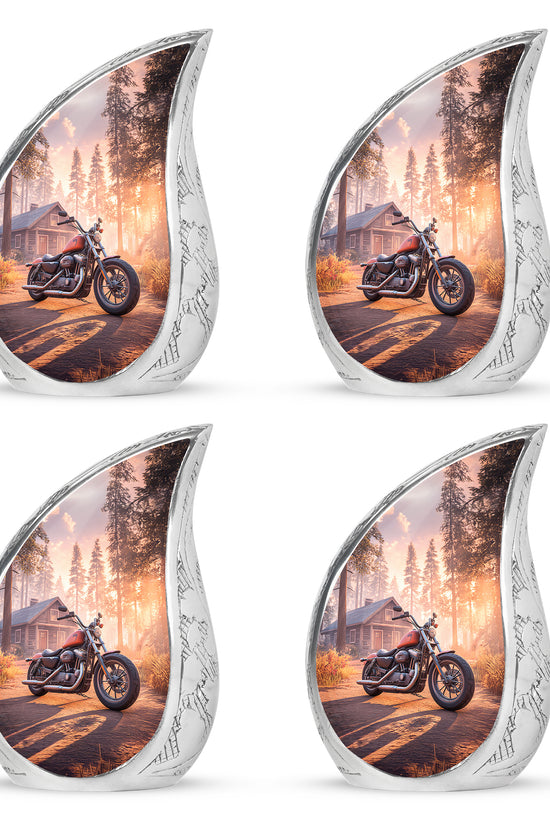 Burgundy Red Bike Cremation Urn close-up of engraving and surface detail - rounded teardrop bike design with delicate detail - 10 inch aluminum urn for cremated remains