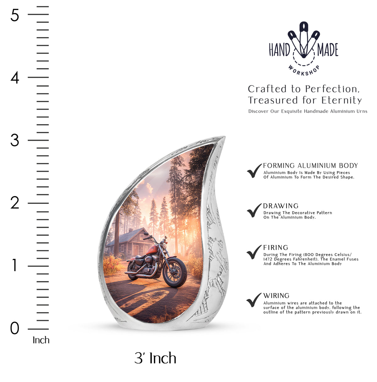 Ruby Red Bike Cremation Urn angled view of lid and engraved motif - smooth teardrop contour featuring bike art - mini keepsake memorial for portion of cremation ashes