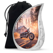 Ruby Red Bike Cremation Urn front view showing detailed design - graceful tear-shaped urn with bike motif - full-size 10 inch 200 cubic inch adult cremation urn