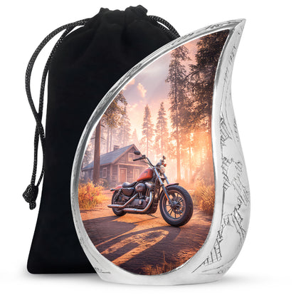 Ruby Red Bike Cremation Urn front view showing detailed design - graceful tear-shaped urn with bike motif - full-size 10 inch 200 cubic inch adult cremation urn
