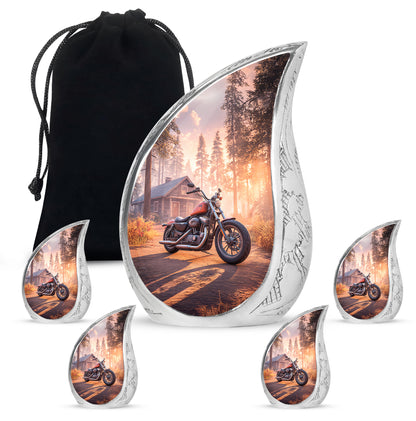 Wine Red Bike Cremation Urn side profile showing urn shape - rounded teardrop bike design with delicate detail - memorial set with one large and four small urns