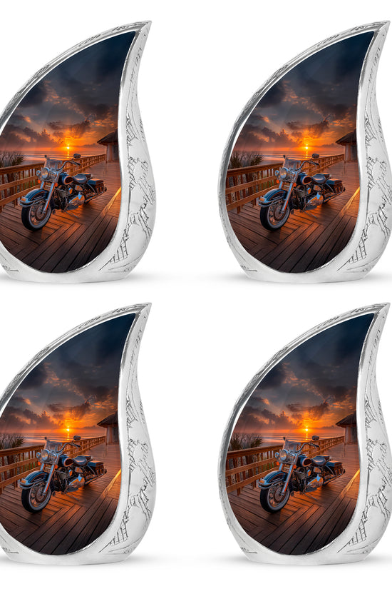 Rich Black Bike Cremation Urn close-up of engraving and surface detail - rounded teardrop bike design with delicate detail - 10 inch aluminum urn for cremated remains