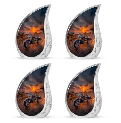 Rich Black Bike Cremation Urn close-up of engraving and surface detail - rounded teardrop bike design with delicate detail - 10 inch aluminum urn for cremated remains