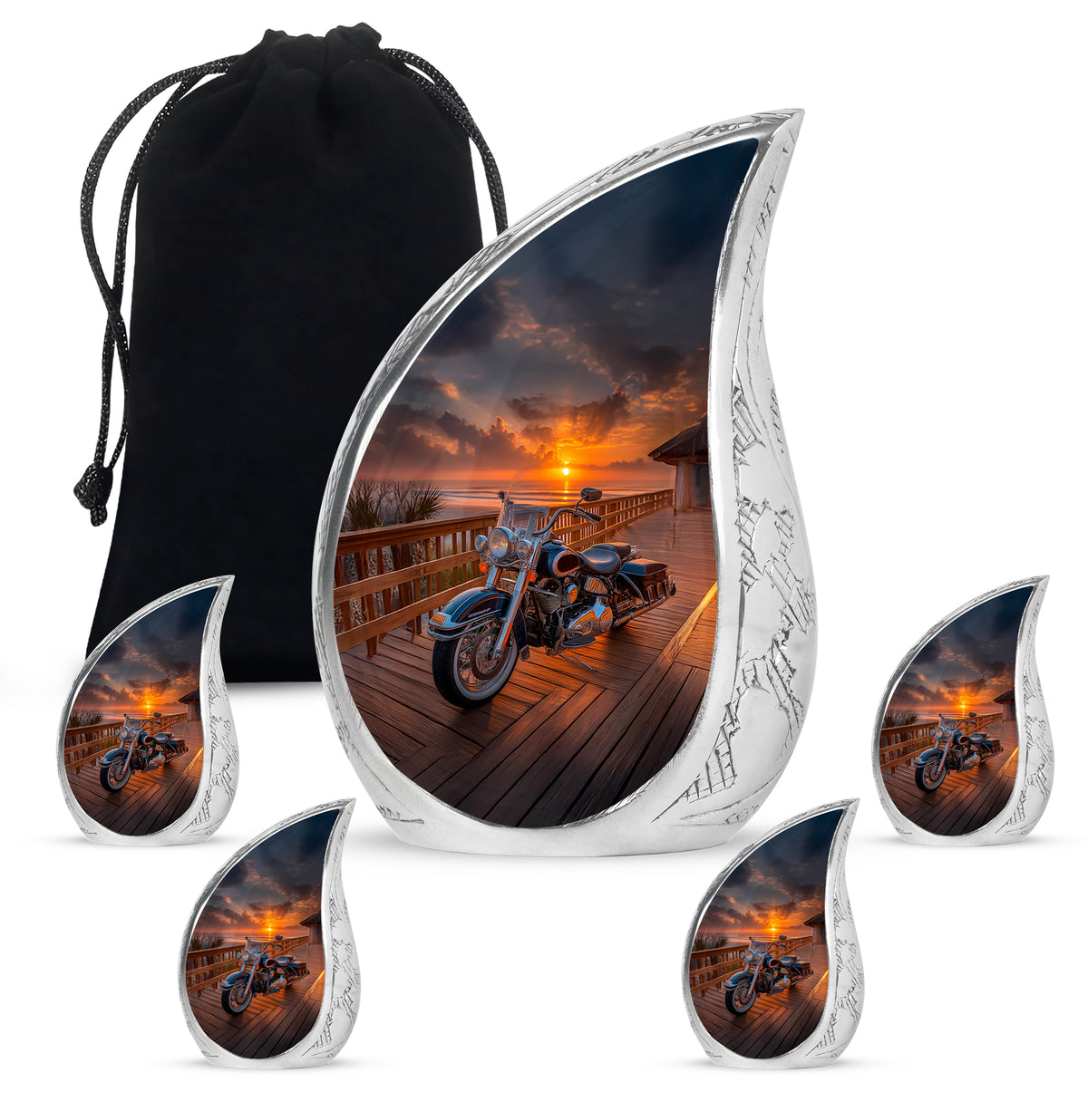 Glossy Black Bike Cremation Urn side profile showing urn shape - flowing teardrop bike silhouette on curved aluminum - memorial set with one large and four small urns