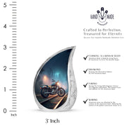 Dusty Blue Bike Cremation Urn angled view of lid and engraved motif - rounded teardrop bike design with delicate detail - mini keepsake memorial for portion of cremation ashes