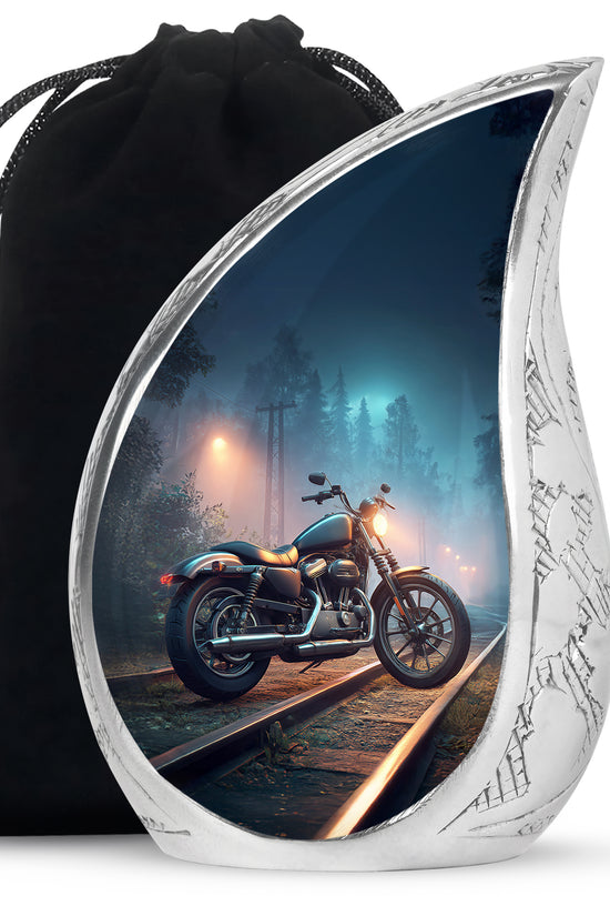 Twilight Blue Bike Cremation Urn front view showing detailed design - smooth teardrop contour featuring bike art - full-size 10 inch 200 cubic inch adult cremation urn