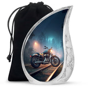 Twilight Blue Bike Cremation Urn front view showing detailed design - smooth teardrop contour featuring bike art - full-size 10 inch 200 cubic inch adult cremation urn