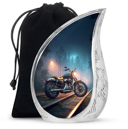 Twilight Blue Bike Cremation Urn front view showing detailed design - smooth teardrop contour featuring bike art - full-size 10 inch 200 cubic inch adult cremation urn
