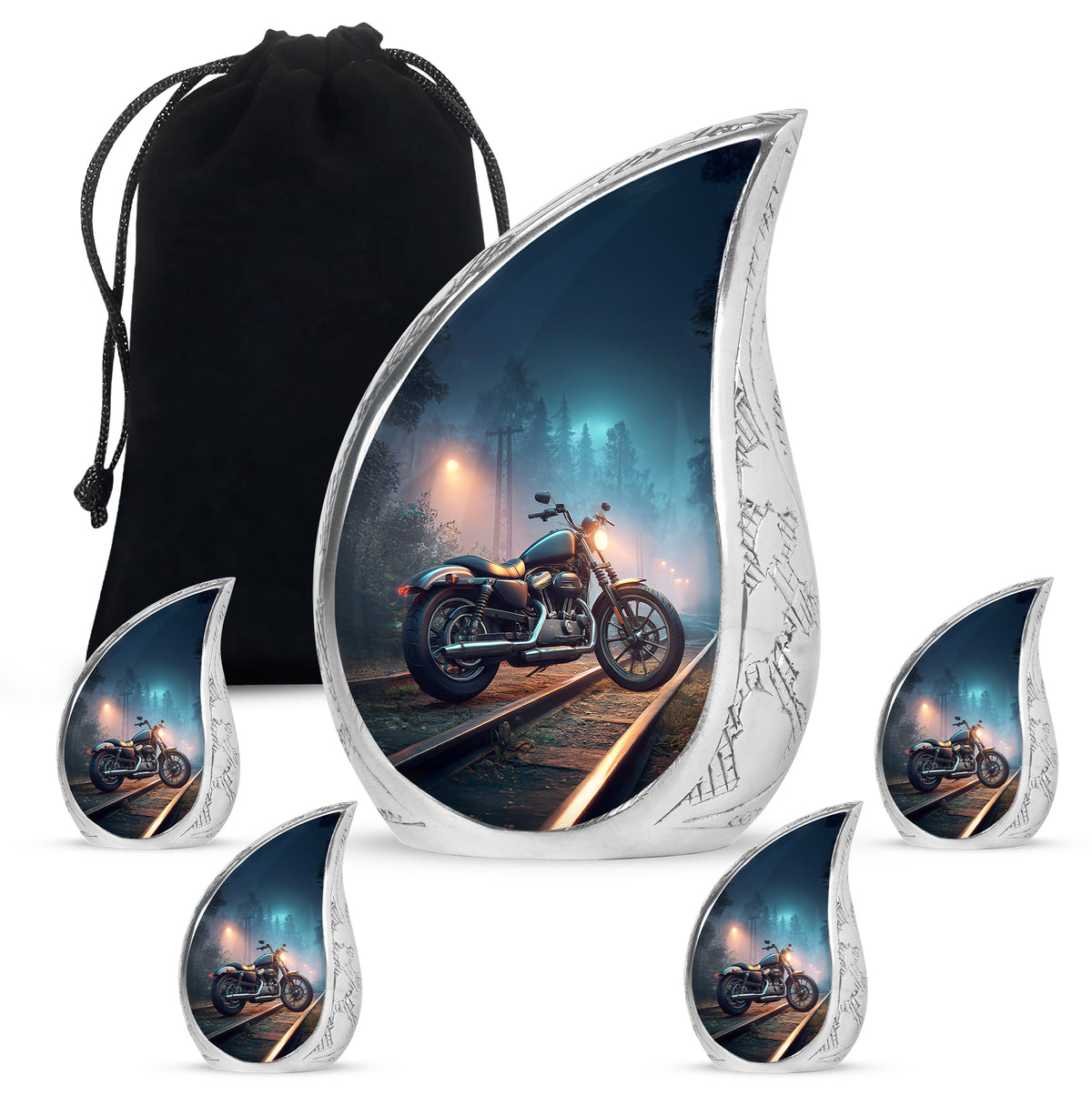 Cornflower Blue Bike Cremation Urn side profile showing urn shape - graceful tear-shaped urn with bike motif - memorial set with one large and four small urns