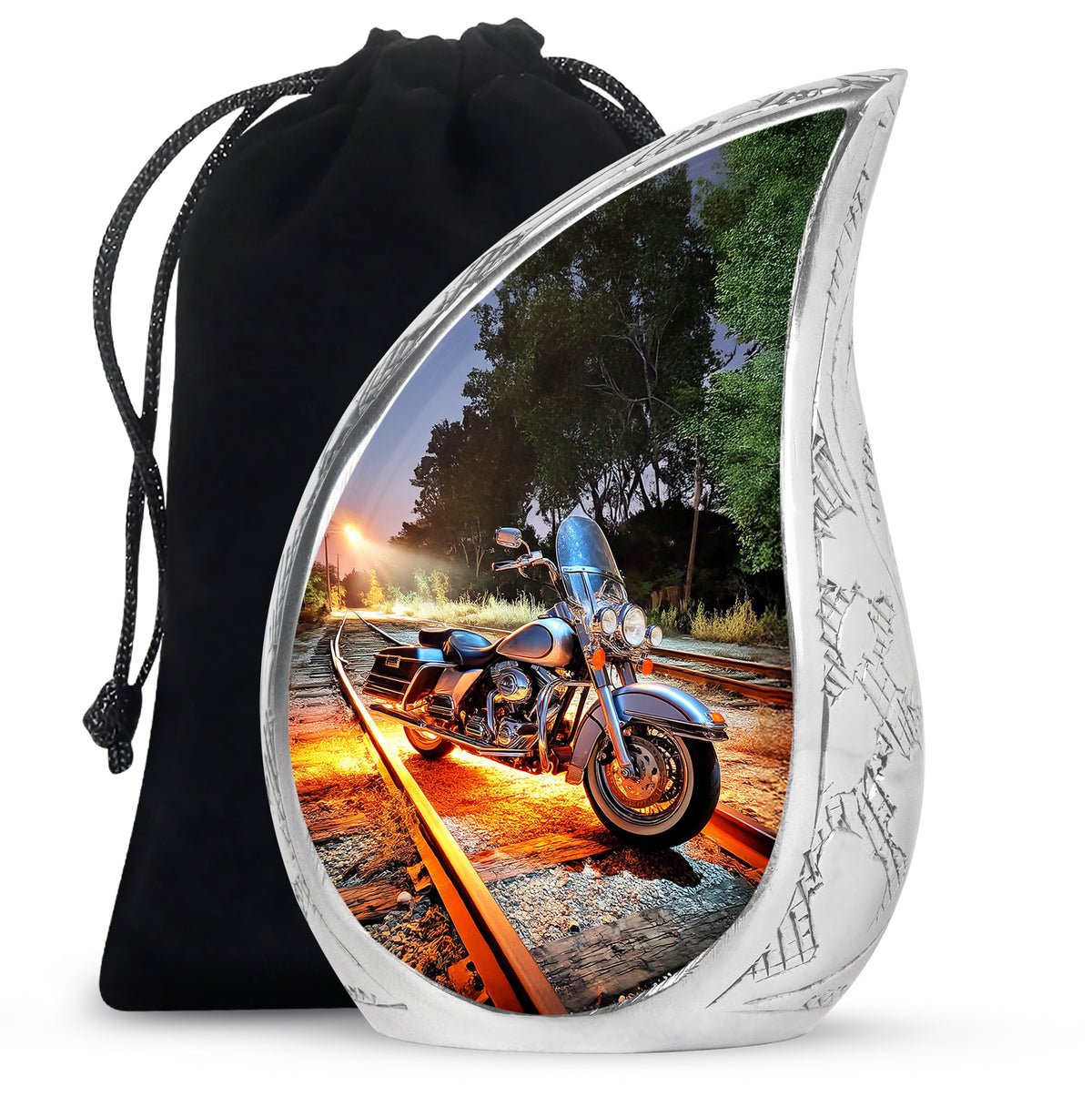 Royal Blue Bike Cremation Urn front view showing detailed design - graceful tear-shaped urn with bike motif - full-size 10 inch 200 cubic inch adult cremation urn