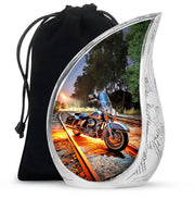 Royal Blue Bike Cremation Urn front view showing detailed design - graceful tear-shaped urn with bike motif - full-size 10 inch 200 cubic inch adult cremation urn