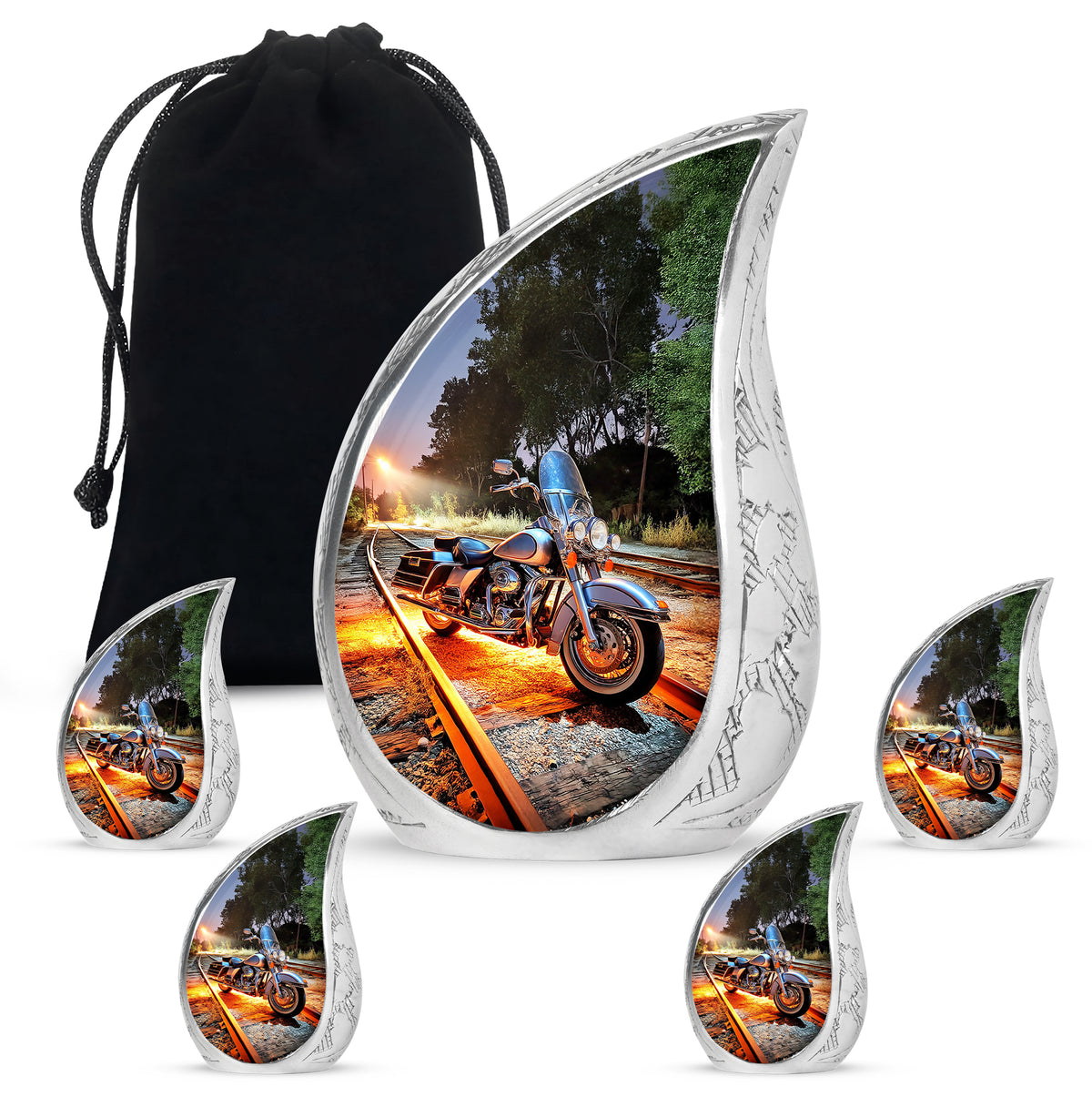 Sky Blue Bike Cremation Urn side profile showing urn shape - rounded teardrop bike design with delicate detail - memorial set with one large and four small urns