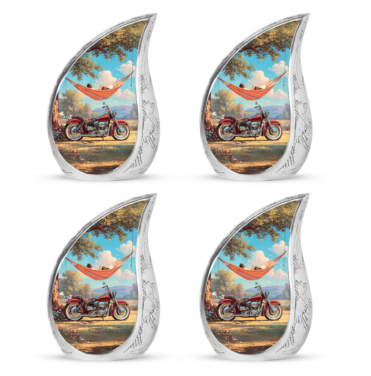Tropical Teal Bike Cremation Urn close-up of engraving and surface detail - graceful tear-shaped urn with bike motif - 10 inch aluminum urn for cremated remains