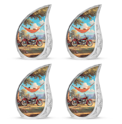 Tropical Teal Bike Cremation Urn close-up of engraving and surface detail - graceful tear-shaped urn with bike motif - 10 inch aluminum urn for cremated remains