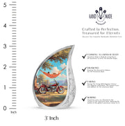 Ocean Teal Bike Cremation Urn angled view of lid and engraved motif - rounded teardrop bike design with delicate detail - mini keepsake memorial for portion of cremation ashes