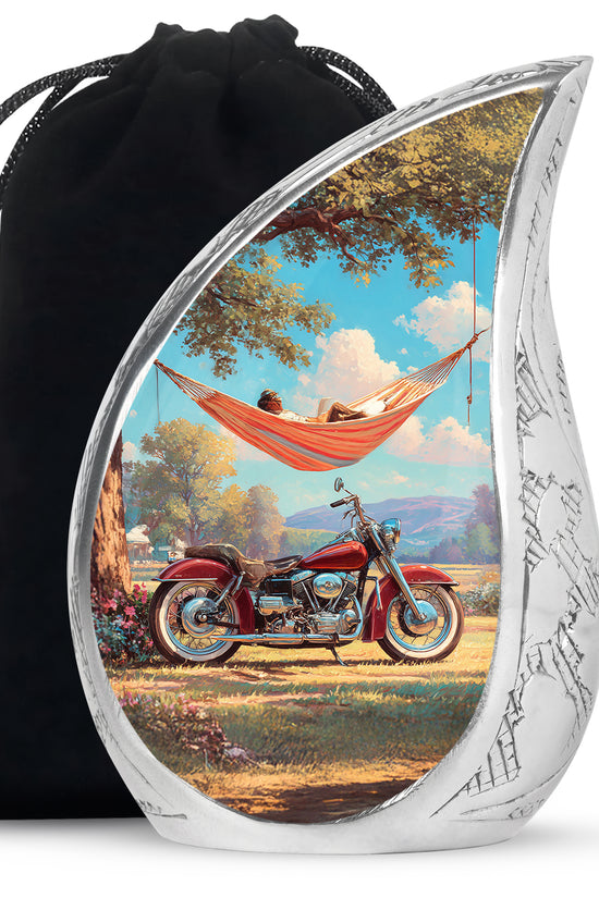 Mystic Teal Bike Cremation Urn front view showing detailed design - graceful tear-shaped urn with bike motif - full-size 10 inch 200 cubic inch adult cremation urn