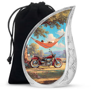Mystic Teal Bike Cremation Urn front view showing detailed design - graceful tear-shaped urn with bike motif - full-size 10 inch 200 cubic inch adult cremation urn