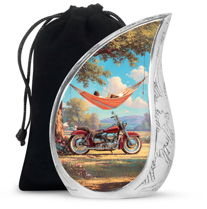 Mystic Teal Bike Cremation Urn front view showing detailed design - graceful tear-shaped urn with bike motif - full-size 10 inch 200 cubic inch adult cremation urn