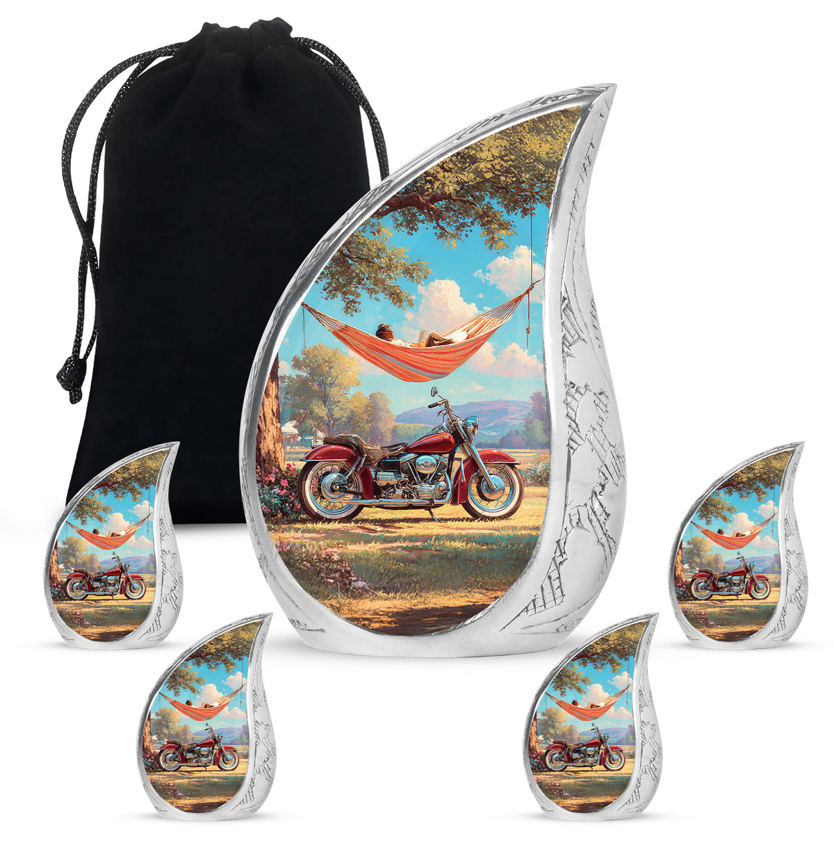 Sea Green Teal Bike Cremation Urn side profile showing urn shape - flowing teardrop bike silhouette on curved aluminum - memorial set with one large and four small urns