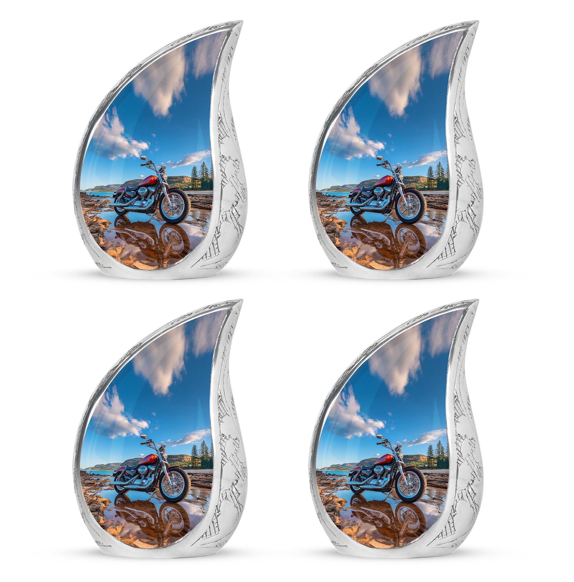 Bright Blue Bike Cremation Urn close-up of engraving and surface detail - graceful tear-shaped urn with bike motif - 10 inch aluminum urn for cremated remains