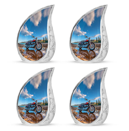 Bright Blue Bike Cremation Urn close-up of engraving and surface detail - graceful tear-shaped urn with bike motif - 10 inch aluminum urn for cremated remains