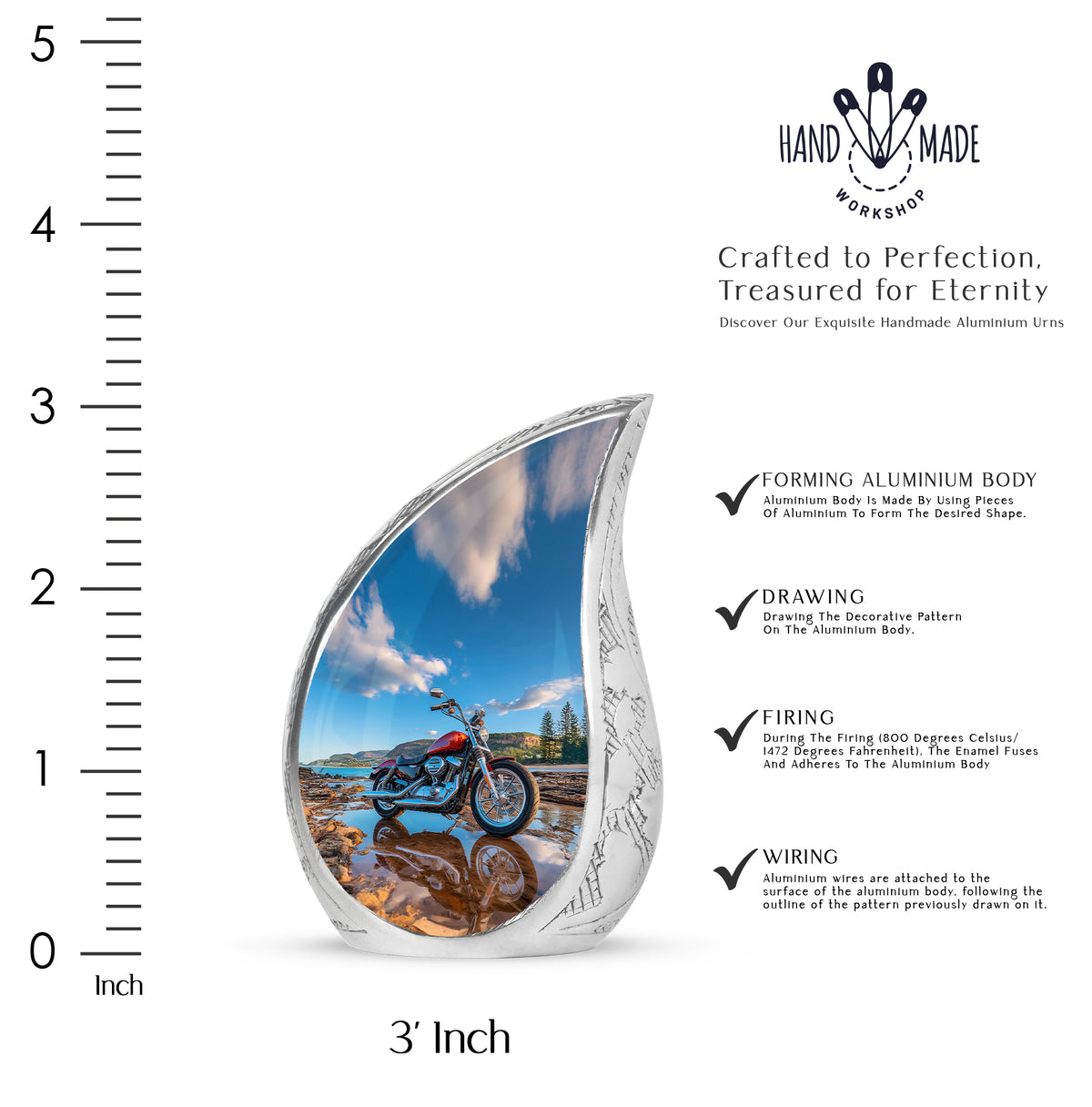 Royal Blue Bike Cremation Urn angled view of lid and engraved motif - graceful tear-shaped urn with bike motif - mini keepsake memorial for portion of cremation ashes