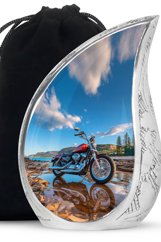 Indigo Bike Cremation Urn front view showing detailed design - rounded teardrop bike design with delicate detail - full-size 10 inch 200 cubic inch adult cremation urn