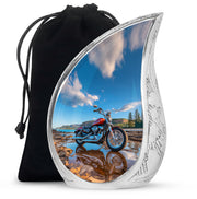 Indigo Bike Cremation Urn front view showing detailed design - rounded teardrop bike design with delicate detail - full-size 10 inch 200 cubic inch adult cremation urn