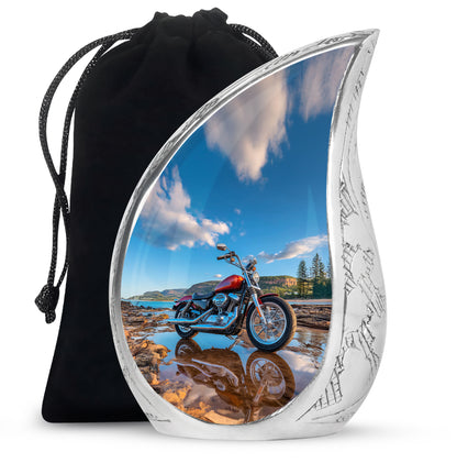 Indigo Bike Cremation Urn front view showing detailed design - rounded teardrop bike design with delicate detail - full-size 10 inch 200 cubic inch adult cremation urn