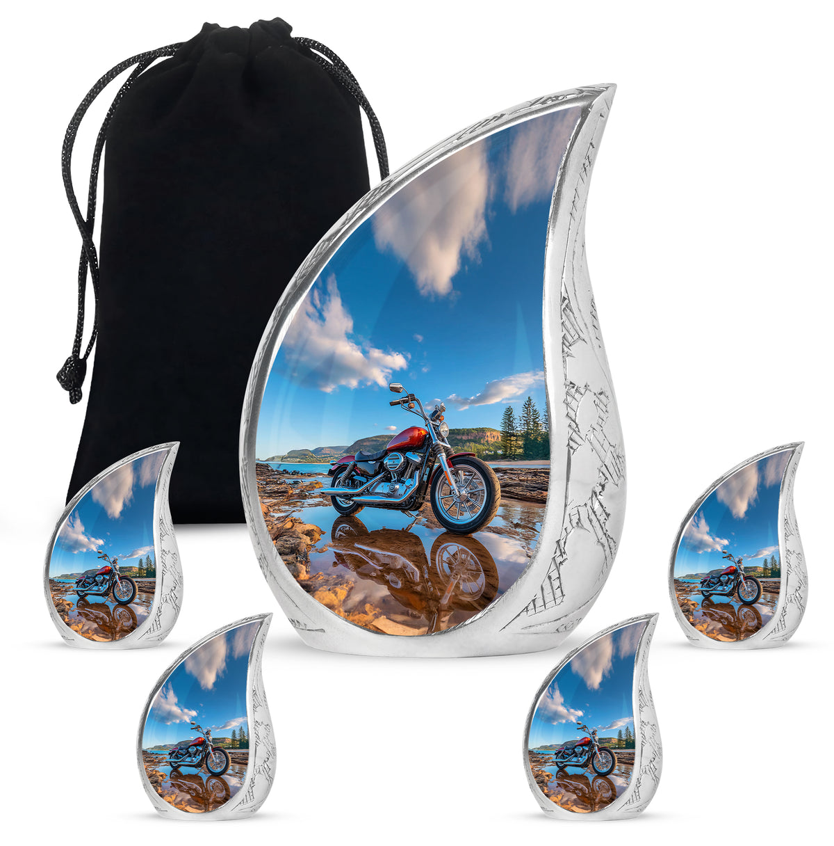 Steel Blue Bike Cremation Urn side profile showing urn shape - smooth teardrop contour featuring bike art - memorial set with one large and four small urns