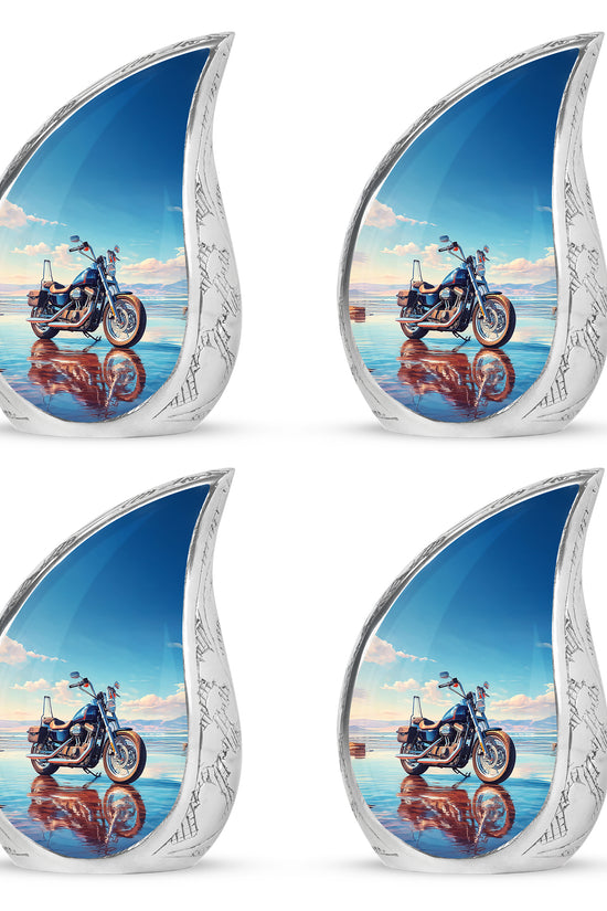 Navy Blue Bike Cremation Urn close-up of engraving and surface detail - flowing teardrop bike silhouette on curved aluminum - 10 inch aluminum urn for cremated remains