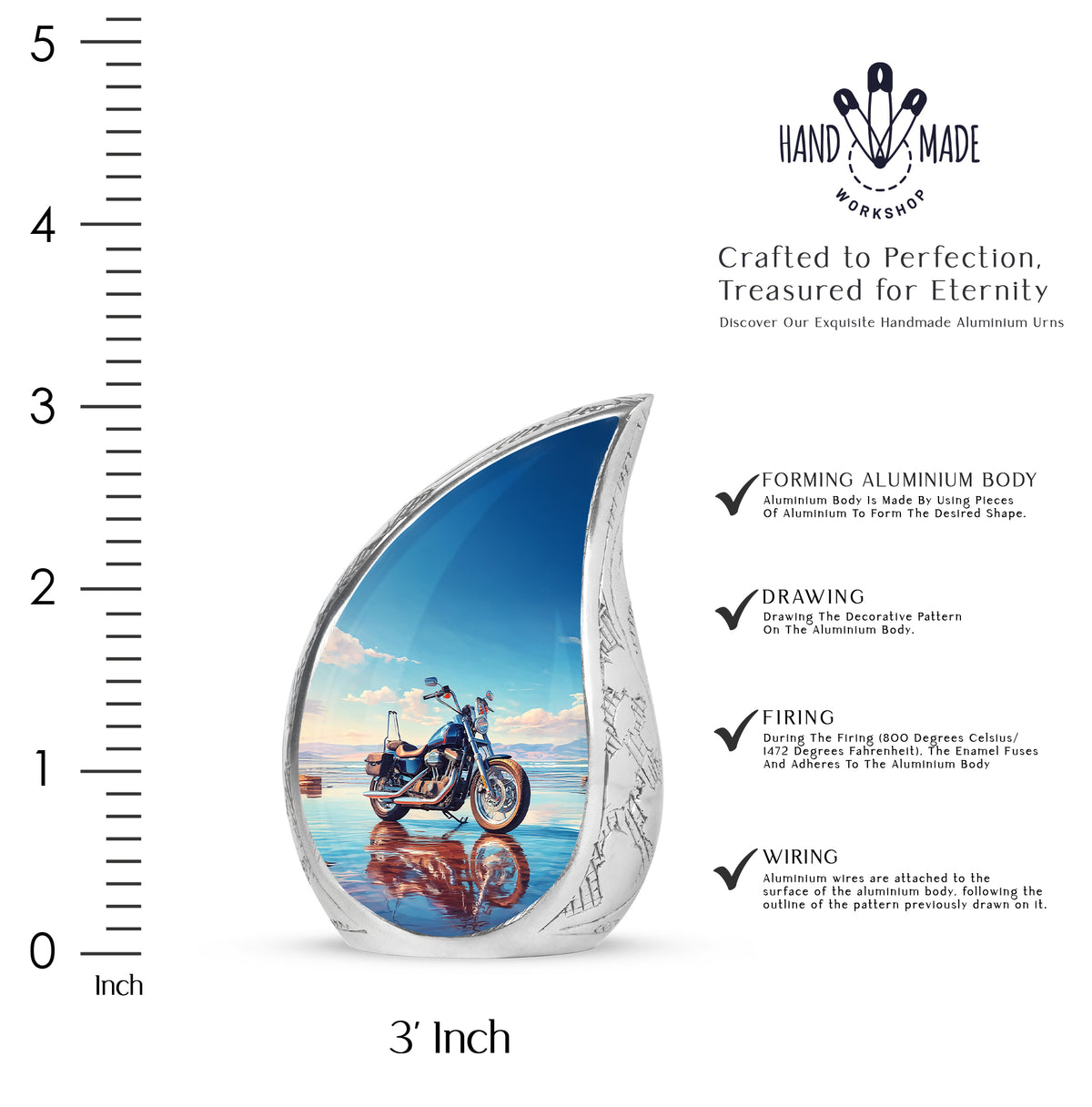 Calming Blue Bike Cremation Urn angled view of lid and engraved motif - smooth teardrop contour featuring bike art - mini keepsake memorial for portion of cremation ashes