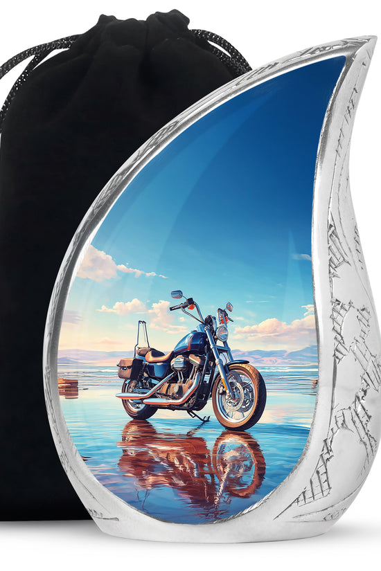 Powder Blue Bike Cremation Urn front view showing detailed design - rounded teardrop bike design with delicate detail - full-size 10 inch 200 cubic inch adult cremation urn