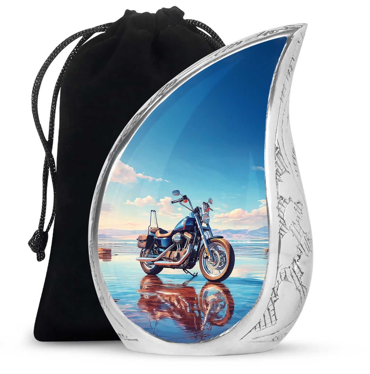 Powder Blue Bike Cremation Urn front view showing detailed design - rounded teardrop bike design with delicate detail - full-size 10 inch 200 cubic inch adult cremation urn