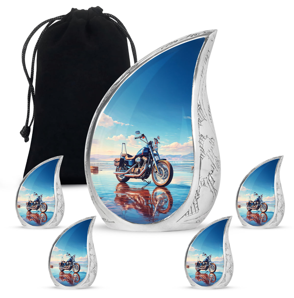 Icy Blue Bike Cremation Urn side profile showing urn shape - rounded teardrop bike design with delicate detail - memorial set with one large and four small urns