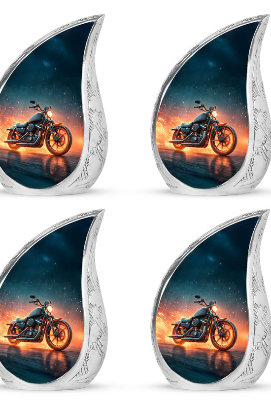 Navy Blue Bike Cremation Urn close-up of engraving and surface detail - flowing teardrop bike silhouette on curved aluminum - 10 inch aluminum urn for cremated remains