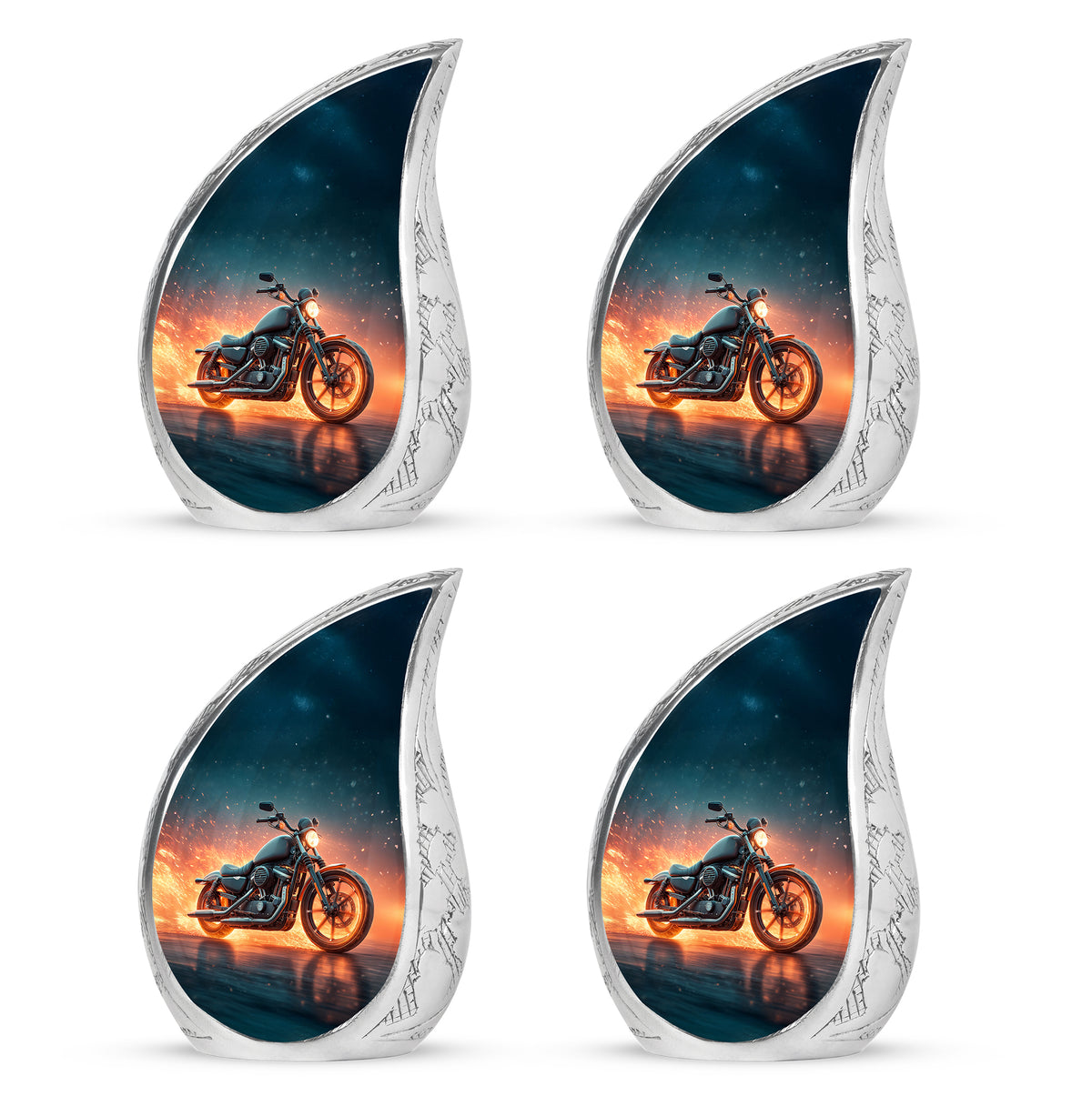 Navy Blue Bike Cremation Urn close-up of engraving and surface detail - flowing teardrop bike silhouette on curved aluminum - 10 inch aluminum urn for cremated remains